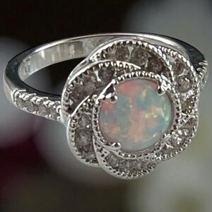 Signed FJ Silver-Tone Opal Halo Ring